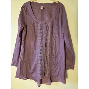 Free People Dusty Purple Lace Placket Button Front Tunic Blouse Lightweight Sz L